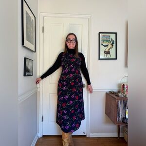 90s Vintage Navy Blue Floral Midi Dress